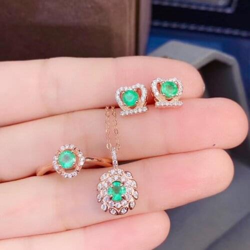 Vintage Charm Emerald Set Natural And Real Emerald Jewelry set 925 sterling silver 1pc Ring,1pc Pendant,2pcs Earring