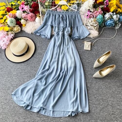 High QualitySeaside Resort Balis New Womens Summer Beach Dress Thai Shoulder Chiffon Dress Long Long Skirt Super Fairy