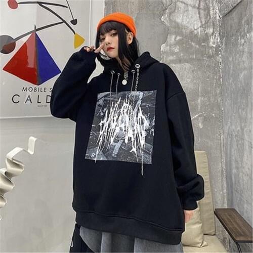 Japanese Autumn Female Loose Black Long Sleeve Hoodies Kpop Sweatshirts Printed Cool Hoodie Fashion Women Casual Sweatshirt