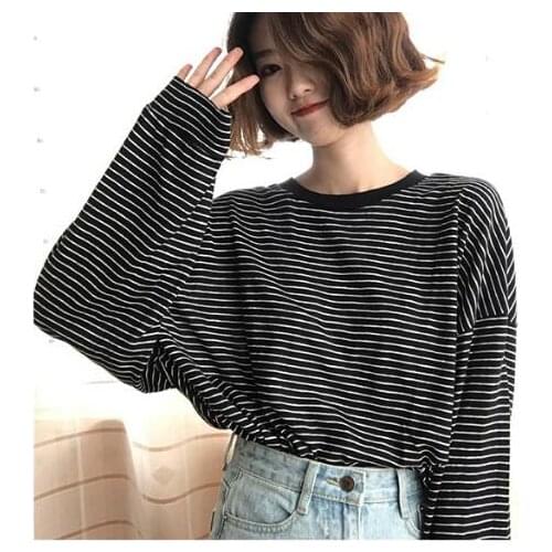 Womens Fashion striped loose long-sleeved t-shirt womens top