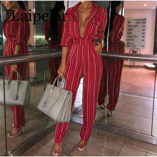 Fashion striped printed jumpsuits for women 2019 Half sleeve turn down collar long rompers womens jumpsuit Autumn new overalls