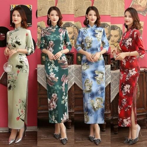 Autumn Women Long Style Cheongsam Improved Silk Three Quarter Sleeve Double Layer Cheongsam Chinese Large Size 4XL Show Qipao
