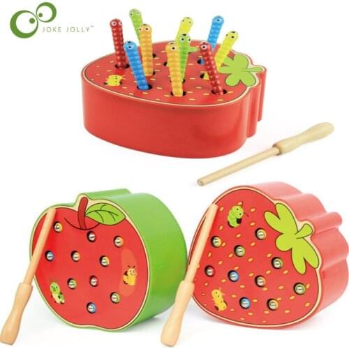 1Set Baby Wooden Toys 3D Puzzle Early Childhood Educational Toys Catch Worm Game Color Cognitive Magnetic Strawberry Apple YJN