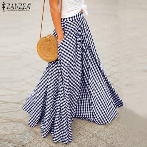 ZANZEA Long Skirt Women Zipper Pleated Skirts Ladies Plaid Check Pockets Loose Long Maxi Faldas Femme Bohemian Jupe