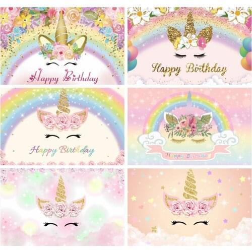 Fantasy Kid Baby Birthday Photo Backdrops Unicorn Rainbow Flowers Photo Background Baby Shower Newborn Baby Portrait Photozone