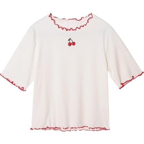 College style cute cherry embroidered o neck slim-fitting wooden ears side short sleeve T-shirt