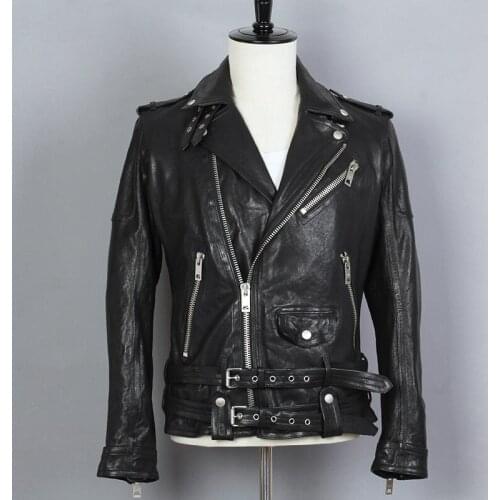 Fashion Genuine Leather Jacket Men Black SheepSkin Motorcycle Biker Jacket Lapel Belt Slim Fit Short Real Leahter Coat