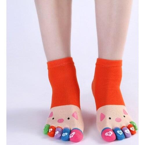 Womens Kawaii Socks with Toes Cotton Five finger Cute Cartoon Animal Pig Low Tube Happy Sock Short Casual Girls Socks with Heel