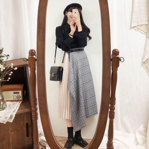 New Harajuku Long Skirt grey Plaid Skirt Women Blouse suits Girl Pleated Plaid Skirt vintage Long Skirt Sell separately