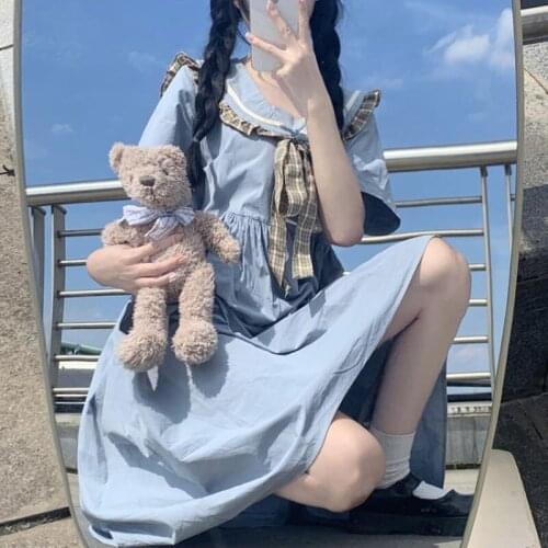 Japanese New Sweety Girly Preppy Style Dress Summer Kawaii Sailor Collar Bow Cute Short Sleeve Vintage Loose A-Line Mini Dress