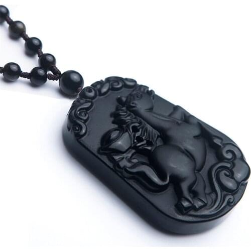 Natural Black Obsidian Gem stone horse Shape Necklace Pendant AAAA 50x33x10mm
