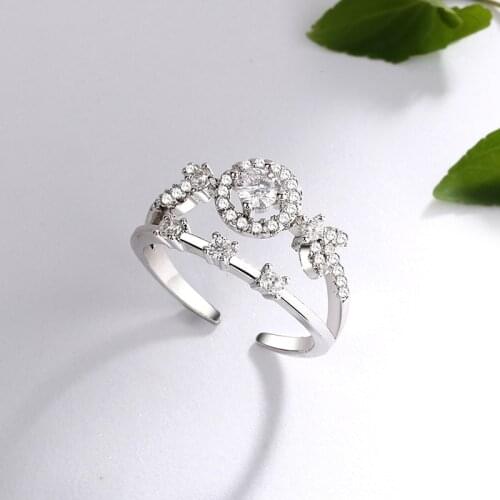 Simple Fashion Charm Adjustable Open Crystal Ring For Women Silver Color Double Layer Rings Party Jewelry Accessories Gifts
