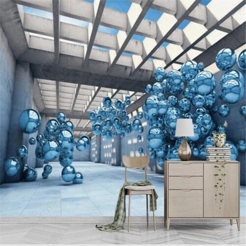 Custom Modern 3D Wallpaper for Living Room Space Extending Cement Brick Wall Round Ball Sofa Background Wall Papers 3d Mural