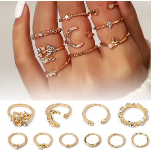 Bohemian Retro Gold Crystal Geometric Joint Ring Set for Women Star Moon Heart Shape Simple Design Rings Set Party Jewelry Gift