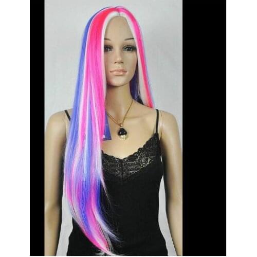 Zhaoxia++01374@Q8+++New wig Cosplay Long Pink /Blue/ White Mixed Halve Straight Wig