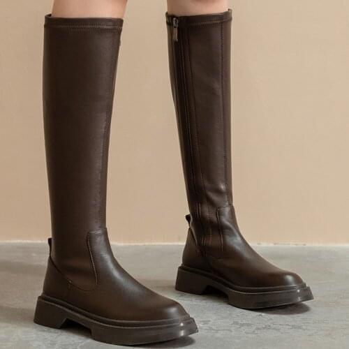 Womens genuine leather great PU leg patchwork platform flats autumn winter knee high boots thick sole casual punk long shoes