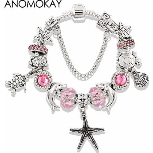 2019 Romantic Pink Crystal Ocean Animal Charm Bracelet Silver Color Starfish Turtle Shell Bead Bracelet Femme DIY Jewelry Gift