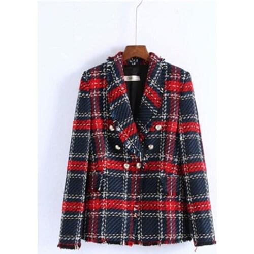 2020 Women Spring Autumn Vintage Tweed Red Plaid Blazer Double Breasted Tassel Suit Soft Wool Office Jacket Coat Lady Outerwear