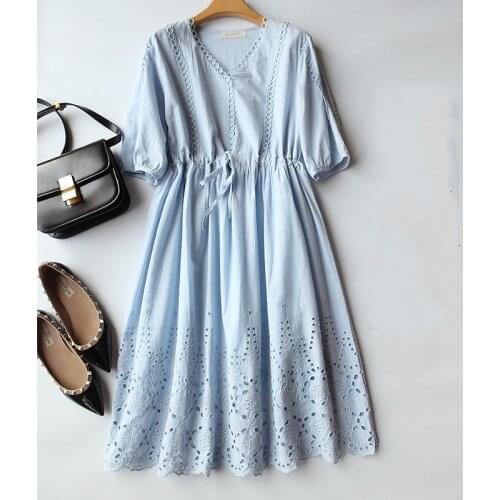 Lamtrip Unique Female Hollow Embroidery Ladies Literary Loose V-Neck Fresh Fairy Lace-Up Waist Dress 2021 Summer