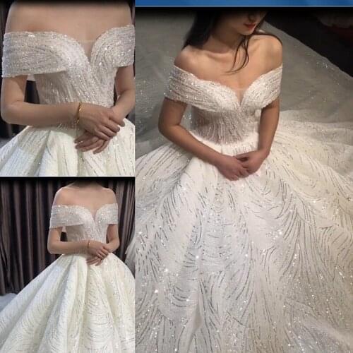 SSYFashion New Luxury Wedding Dress High-end Boat Neck Court Train Sequins Bride Married Long Wedding Gown Vestido De Novia