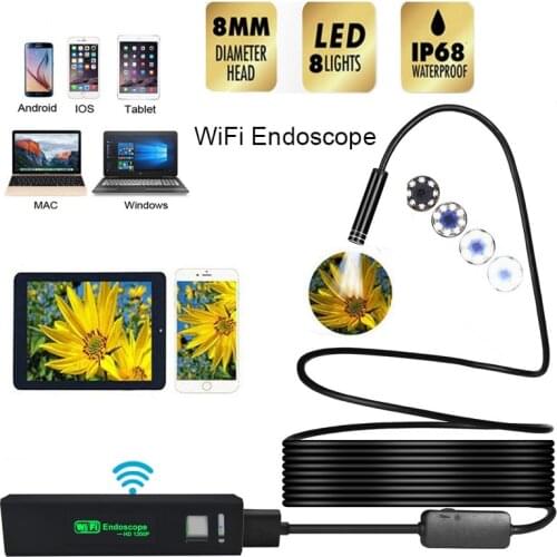 1200P Wifi Endoscope Camera 8mm USB IP68 Waterproof Borescope Semi Rigid Tube Wireless Video Inspection for Android/iOS