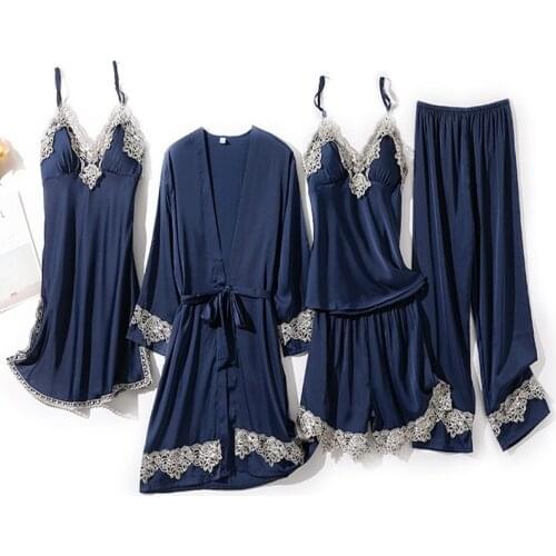 5PCS Womens Sleepwear Sleep Suit Satin Lace Pajamas Sets Sexy Spring Lady With Chest Pads Pijamas Lounge Nightwear Home Wear