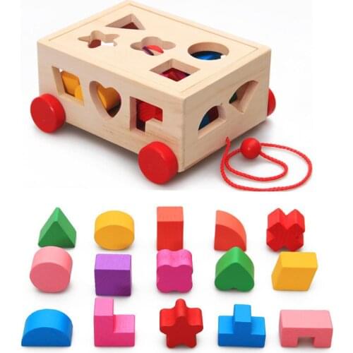Kids Shape Sorter Toy Wooden Pull Along Car Shape Sorter Matching Blocks Box Kids Intelligence Educational Toys For Kids