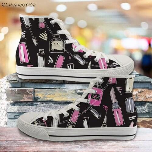 ELVISWORDS Hand Drawn Makeup Product Print Casual High-Top Canvas Shoes Teen Girls Lace-up Vulcanized Shoes Back to School Gifts