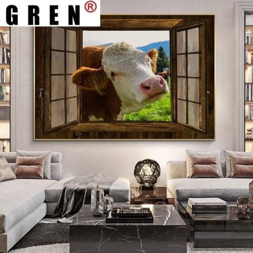 GREN Cow Window Canvas Prints Abstract Spray Painting Animal Posters HD Pictures Modern Wall Art Living Room Home Decor