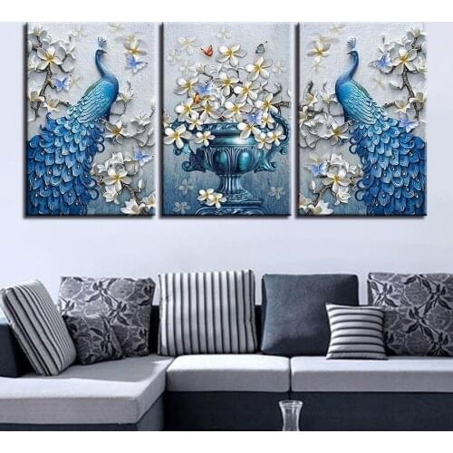 Canvas Painting Living Room Decor 3 Pieces Blue Peacock Pictures HD Prints Orchid Flower Butterflies Poster Wall Art Framework