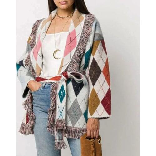 Jastie 2021 Retro Argyle Print Shawl Cardigan Jacket Women Tassel Lapel Tied Waist Long Sleeve Winter Sweater Overcoat Jackets