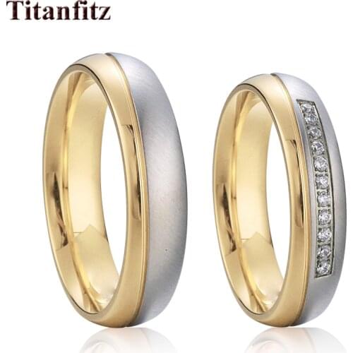 High Quality Love Alliance cubic zirconia Wedding Rings set for couple stainless steel golden jewelry finger marriage ring