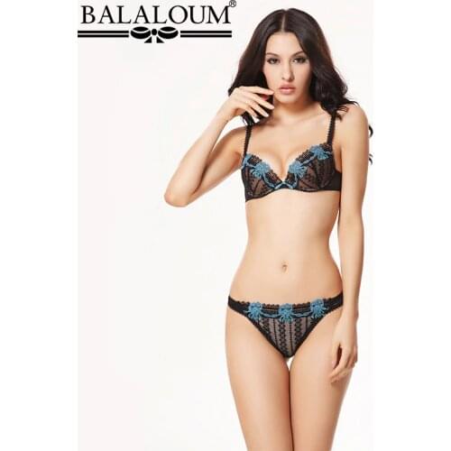 BALALOUM Women Sexy Thin Push Up Bra and Panty Sets Lace Flower Embroidery Brassiere Seamless T Back Thongs Female Lingerie Set