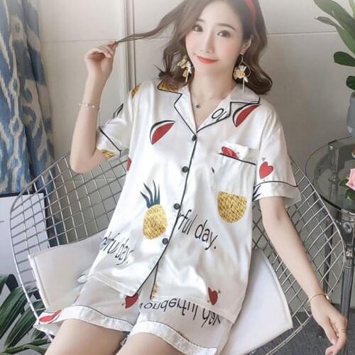 Summer Two Piece Sets for Women 2021 Silk Satin Sleepwear Turn-down Collar Plus Size Printed Short-sleeved Shorts Pajamas