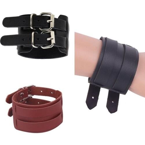 Fashion Leather Men Wrist Bracelets Jewelry Double Buckle Head Adjustable Super Wide Hand Strap Male Bracelet Women Accessories