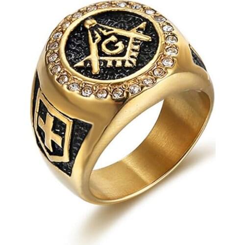 Stainless Steel Gold Freemasons Zircon Stone Men Finger Ring Jewelry Gift Fraternity Hip Hop Jewelry Rings Size 7-13