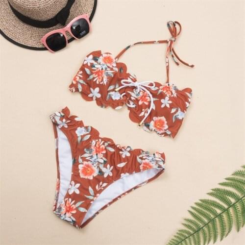 2020 Bikini Europe And The United States New Printed Tube Top Lace Split Bikini Sexy Cut Flowers High-End Swimsuit