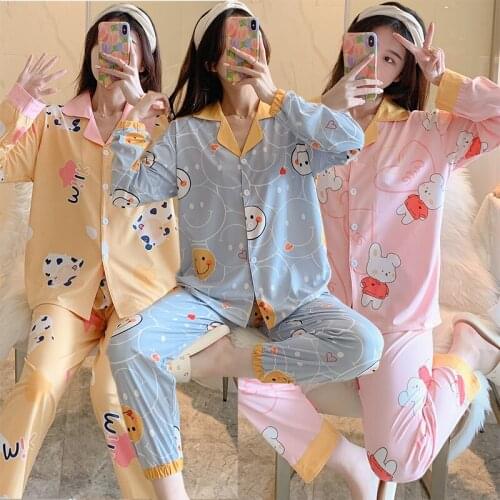2021 Autumn Long Sleeve Pajama Sets for Women Korean Cute Cartoon Sleepwear Suit Pyjama Loungewear Homewear Pijama Mujer Clothes