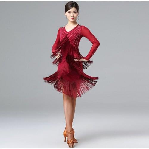 One-Piece Latin Dance Competition Dresses Women Salsa Samba Sling Dress Finger Gloves Rhinestones Sleeves Girls Fringes Costume