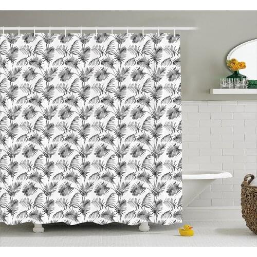 Grey and White Shower Curtain Tropical Palm Leaves Botanical Exotic Jungle Hawaiian Rainforest Bathroom Waterproof Curtains