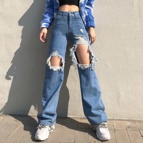 High Waist Ripped Blue Straight Jeans For Girls Baggy Female 2021 Casual Womens Vintage Denim Pants Trouser Harajuku Capri