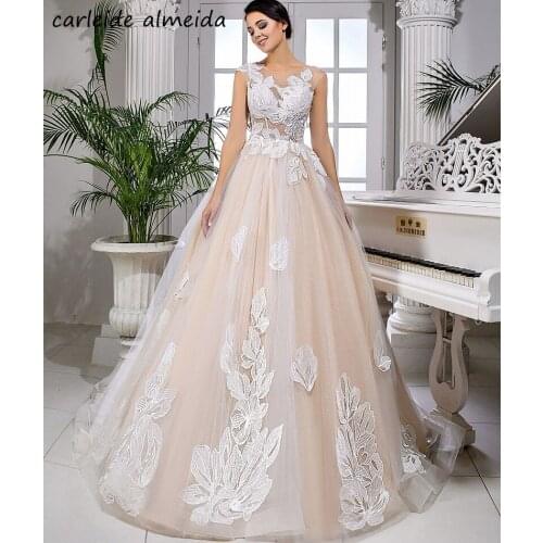 Soft Tulle Ivory Champagne A-Line Wedding Dress 2020 Unique Lace Appliques Bride Dress