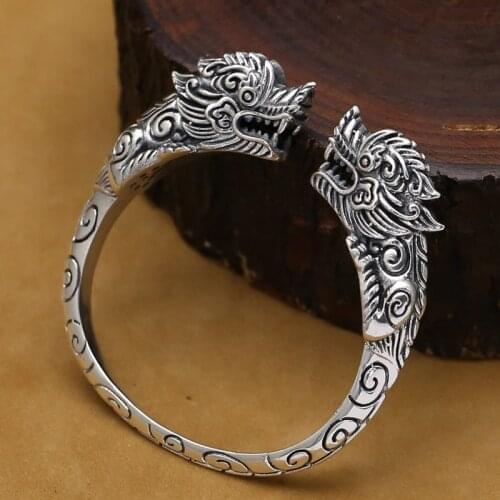 Handmade Thai Silver Dragon Bangle Vintage Real 925 Silver Dragon Cuff Bracelet Man Bangle Punk Jewelry Gift