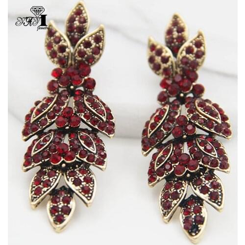 YaYi Jewelry Red Glass Rhinestone Dangle Crystal Earring Womens Fashion Ancient Silver Color Gem Long Earrings Gift 1264
