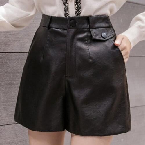 Shorts Mujer 2021 High Waist Zipper PU Leather Shorts Women Korean Fashion Office Rivet Black Autumn Winter Casual Pocket Female