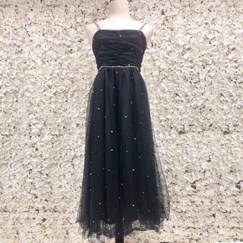Womens Brand Design Hepburn Party Dress Diamond Beaded Sexy Suspender Black Pleated Mesh Elegant Suspender Dress 2021 Summer
