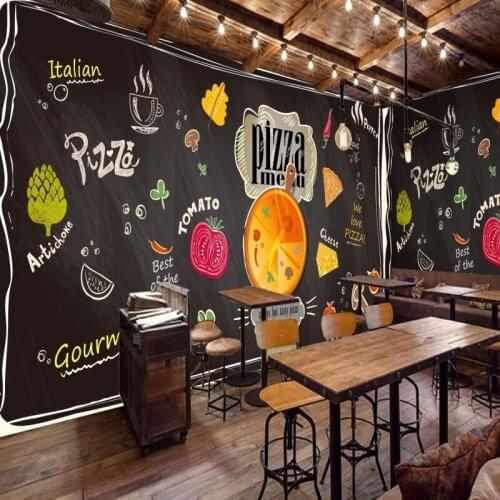 Custom 3d mural Chalk painted black blackboard cartoon pizza restaurant background wall murals coustom wallpaper
