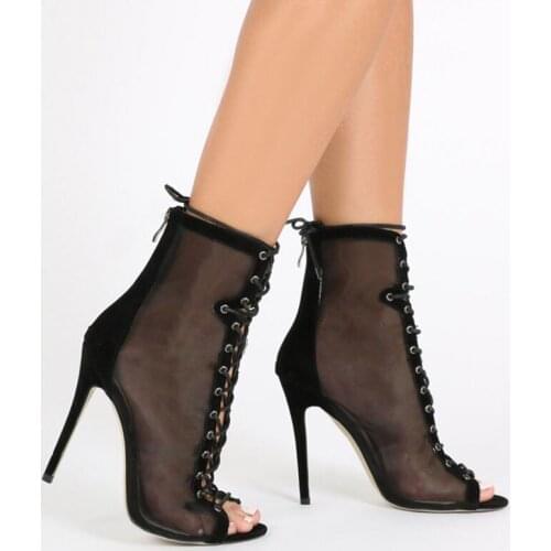 Sexy Summer Fine Mesh Peep toe Lace Up Sandals Ankle Boots Stiletto High Heels Women Sprang Bottines Ladies Short Boots Shoes