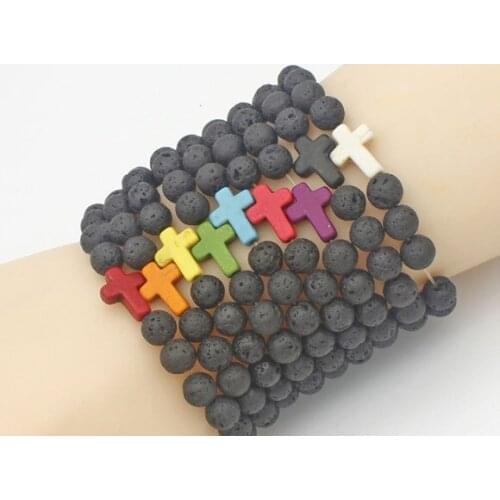 8mm black volcanic lava stone cf2 cross red blue red turquoise Yoga elastic thread adjust bead Stone Bracelet Bangles