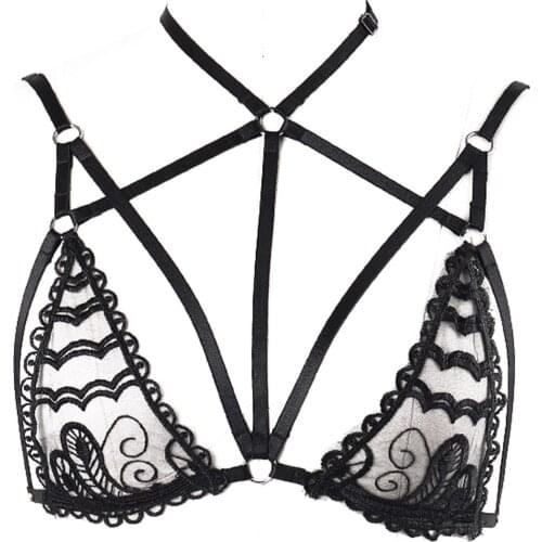 JLX.HARNESS Sexy Sheer Goth Lace Bra Bralette Bustier fitness Women Bra Women Cross Bandage Crop Top Lace Adjustable Cage Bra